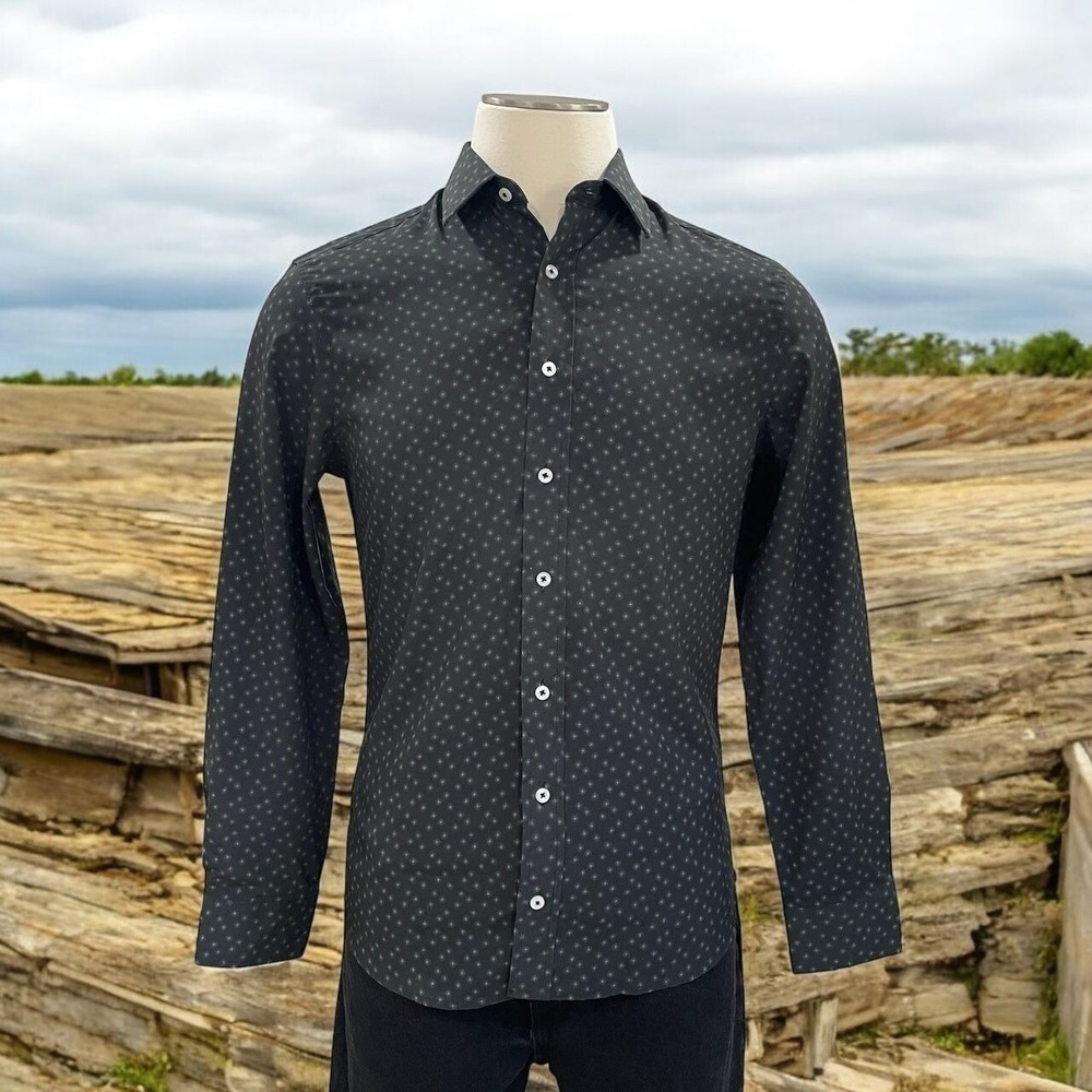 Nick Graham Black Dress Shirt Small Stretch Modern‎ Fit Micro Print Long Sleeve